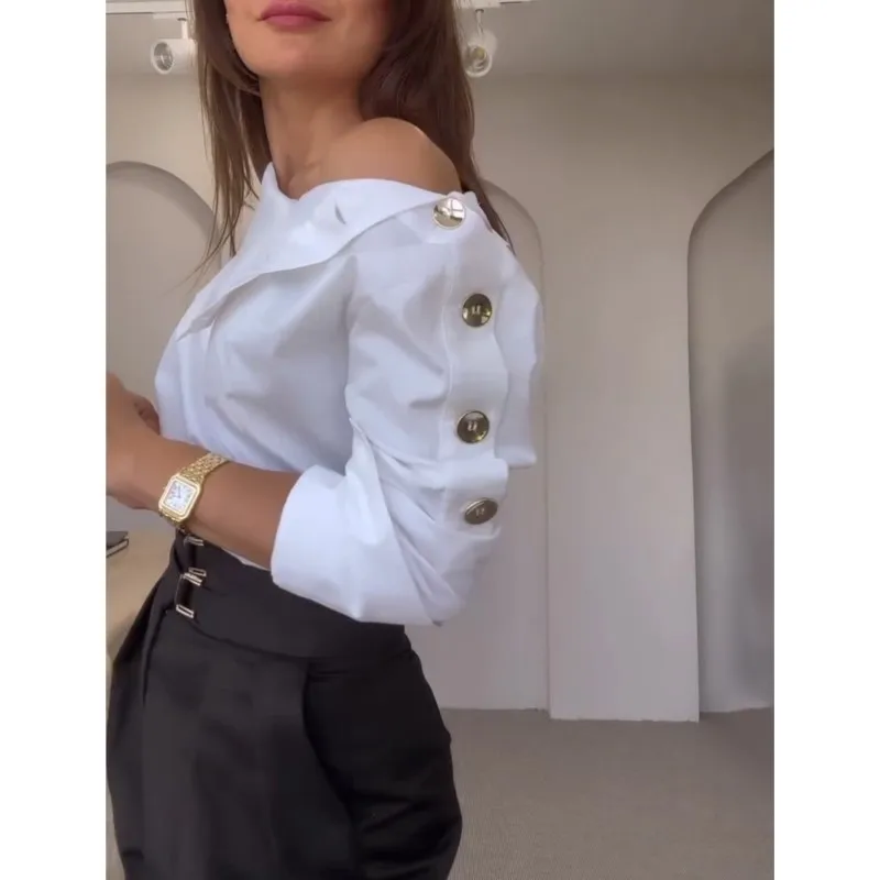 

New Fashion Women Stand Collar Shirt Long Sleeve Button Off Shoulder Spring Casual Chic Sexy White Blouse Top Office Female 2025