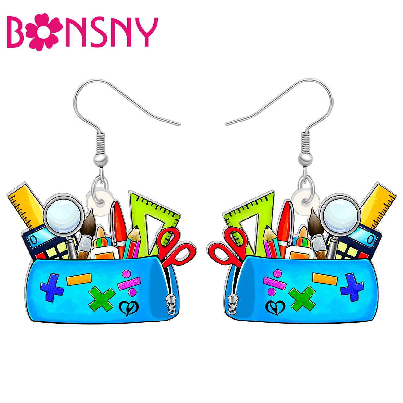 BONSNY Acrylic Funny Blue Stationery Pencil Case Sets Drop Dangle Earrings for Women Girls Teacher Back to School Charms Gifts