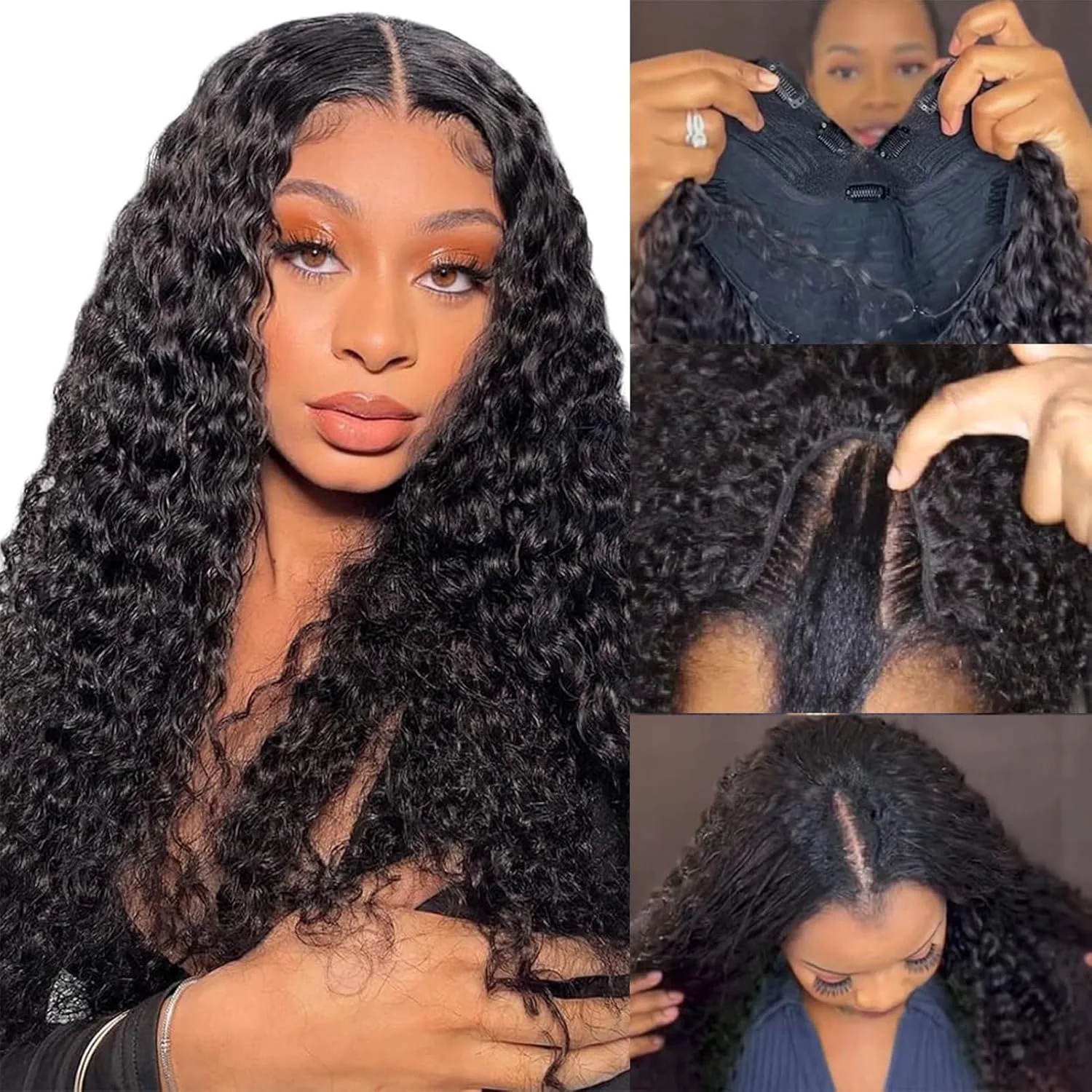 

18 Inch Kinky Curly V Part Human Hair Wigs 180% Density Glueless Wear and Go V Shape Curly Half Wig No Leave Out for Black Women