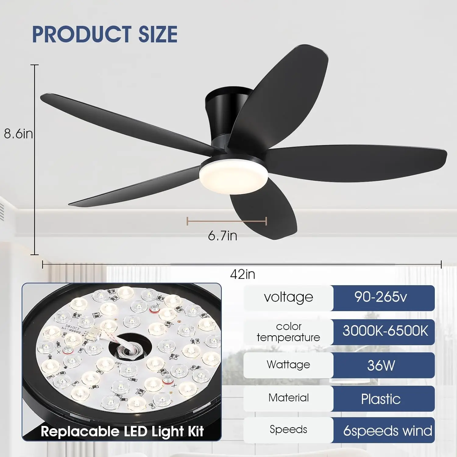 Ventiladores de techo de 42 "con luces, ventilador de techo de perfil bajo con luz y Control remoto/aplicación, montaje empotrado, CC Reversible,Led regulable