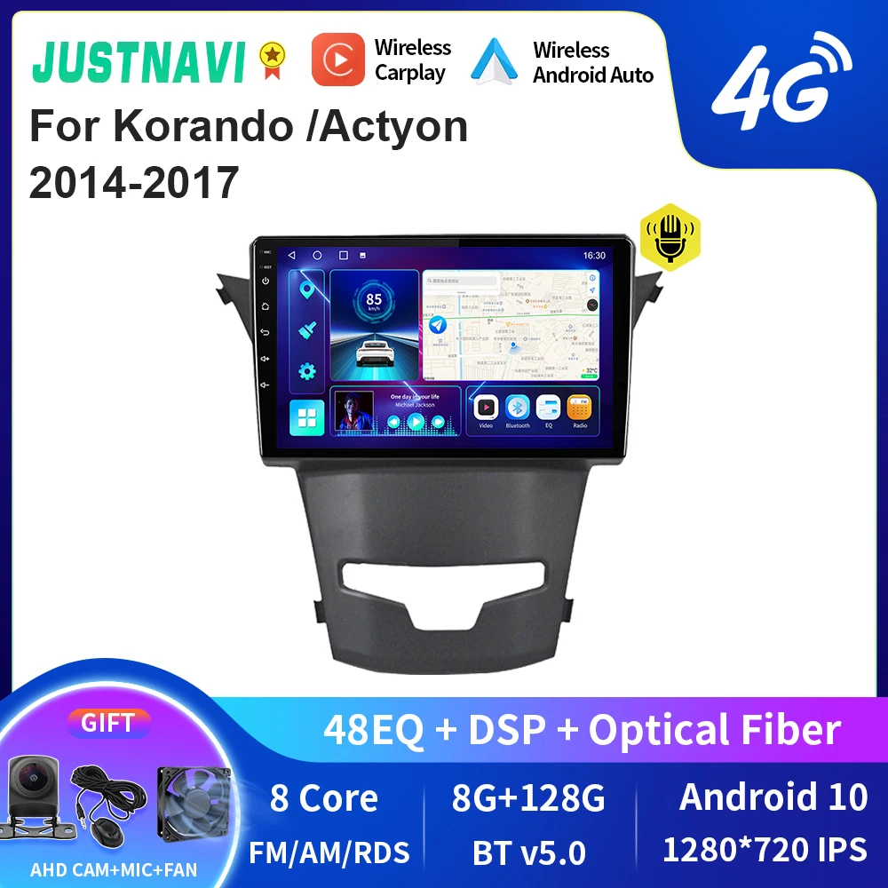 

JUSTNAVI QT10 Wireless CarPlay Android Auto Radio For Korando /Actyon 2014-2017 Stereo Car Multimedia Video Player GPS DVD