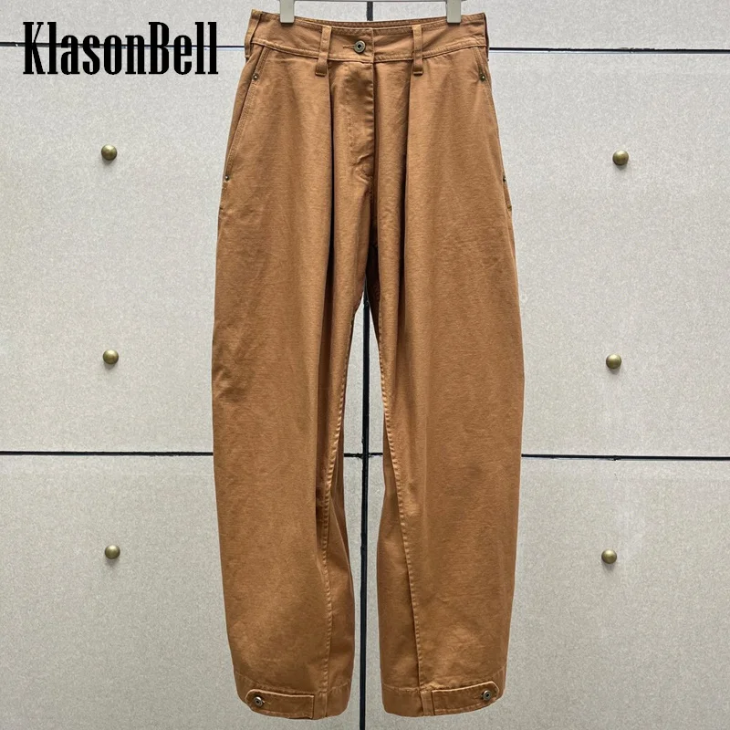 9.29 KlasonBell Women Clothes Washed Cotton Cargo Pants Plaid High Waist Spliced Button Decoration Casual Trousers