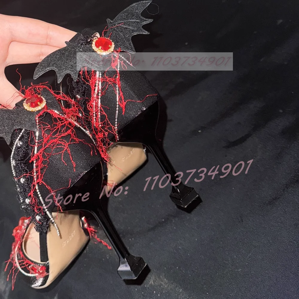 Heart Crystals Wing Sandals Women Gothic Lolita Satin Pointy Toe Pearl High Heels Shoes Lady Party Trendy Sexy Big Size Sandals