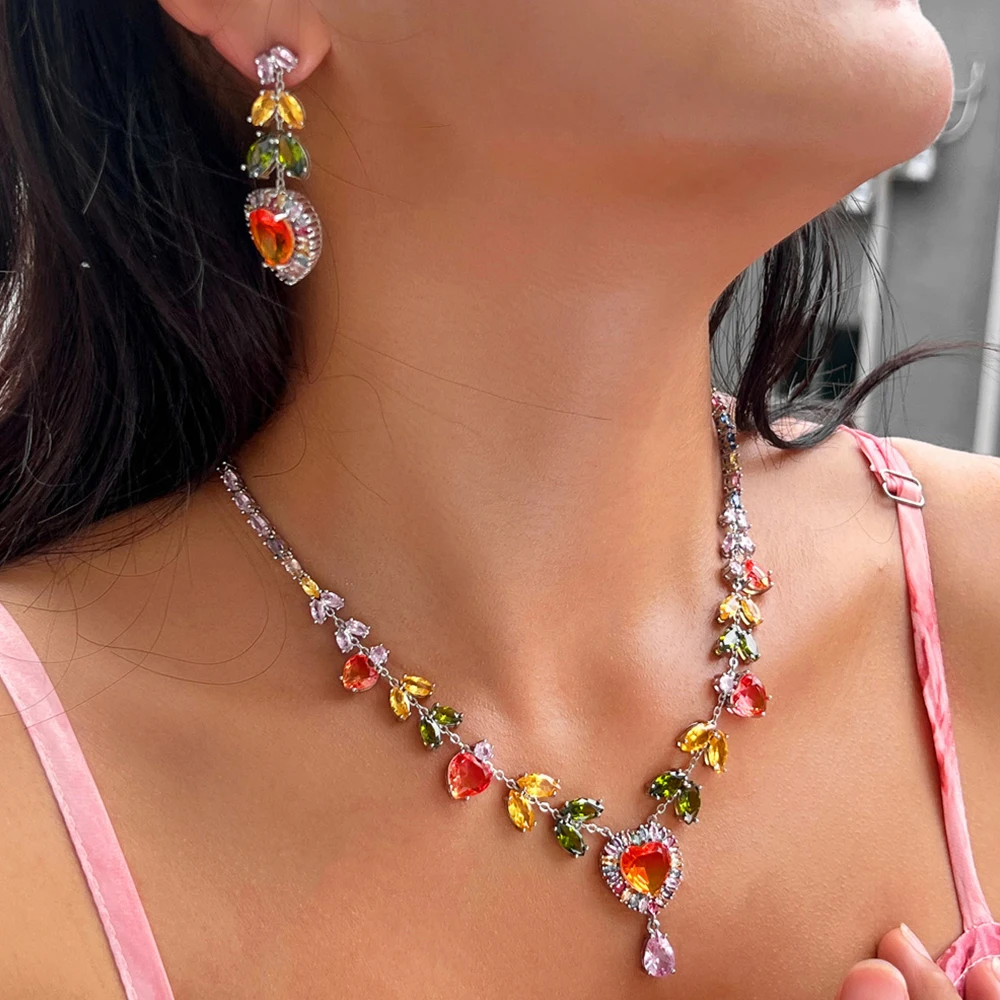 CWWZircons Heart Multicolor Zircon Jewelry Set Necklace Earrings For Women Wedding Party Bridal Statement Jewelry T0954