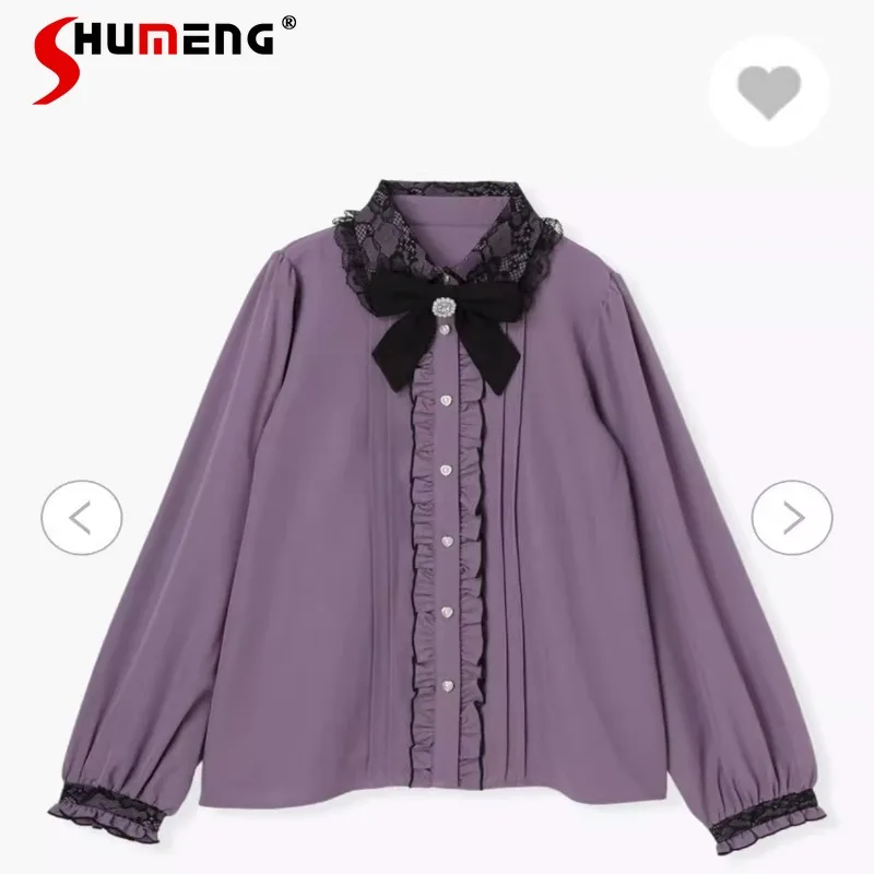 

Japanese Rojita SC Blouse Autumn Comfortable Women's Basic Multi-color Bow Shirt Long Sleeves Single-breasted Blusas Femininas