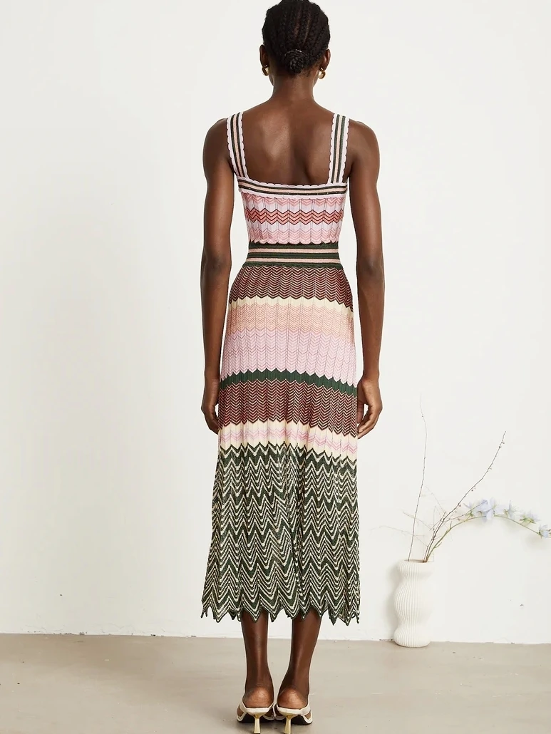 Women Arab Africa Popular Boho Lady Skirt Luxury Brand Design Knitted Zigzag High Elasticity Color Sleeveless Long Maxi Dress