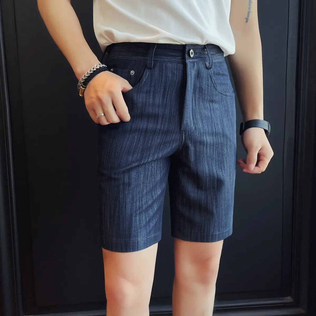 

2026 Summer Slim Fit Casual Shorts for Men Elastic Waist Five Quarter Pants Versatile Trendy Business Social Denim Shorts 29-36