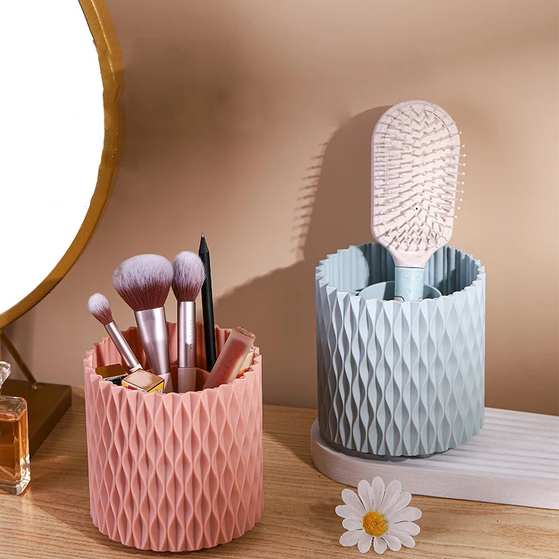 Water Ripple Decor Makeup Brush Holder Desktop Cosmetic Organizer Rotating Desktop Storage Box Portable Lipstick Eyeliner Holder