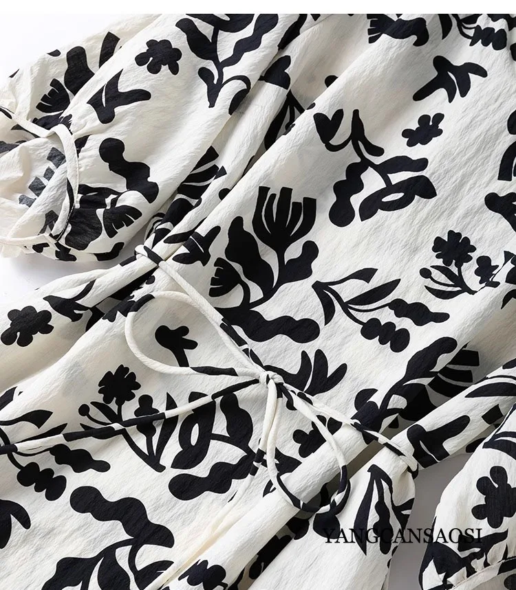 Atmosférico abstracto blanco y negro impreso moda moderna 76% seda de morera Natural seda seca hombro manga vestido dividido