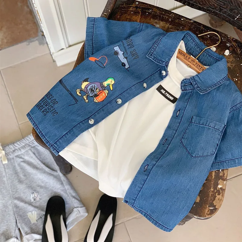 2024 Summer Boy's Shirt cartoon printed short sleeve denim shirt for Kids casual Cardigan Tops