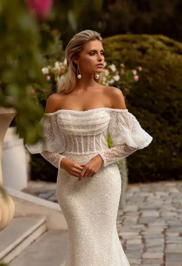 Personalizado requintado lantejoulas sereia vestido de casamento sem alças fora do ombro vestido de noiva espartilho capela trem vestido de noiva