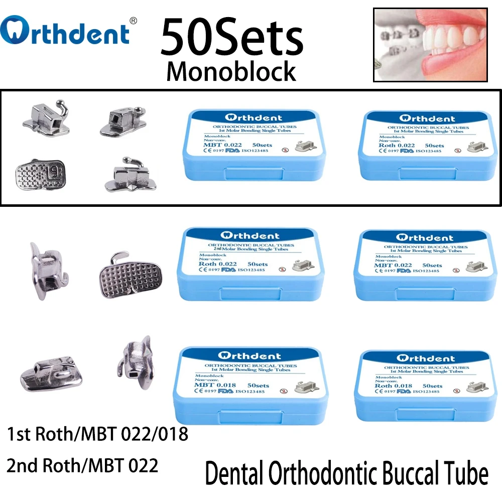 Juego de tubos bucales de ortodoncia, herramienta de odontología, monobloque, Molar único, no Convertible, Roth MBT 0.022/018, 50 unidades
