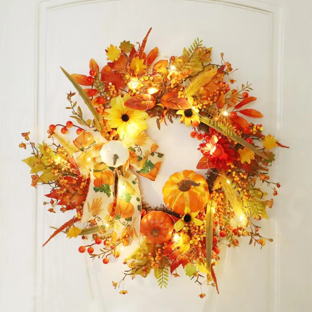 

Fall Wreath For Front Door 20" Autumn Wreath With Lights Artificial Pumpkin Berry Wreath For Thanksgiving Halloween Home Decor