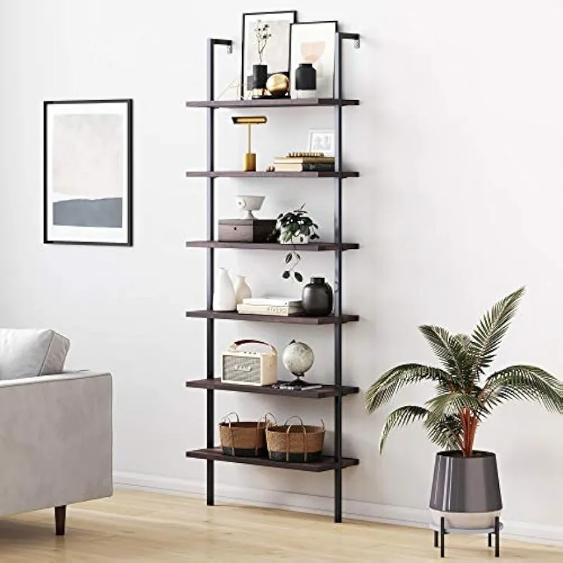 Theo 6-Shelf Tall Bookcase, Wall Mount Bookshelf with Natural Wood Finish and Industrial Metal Frame, Nutmeg/Matte Black