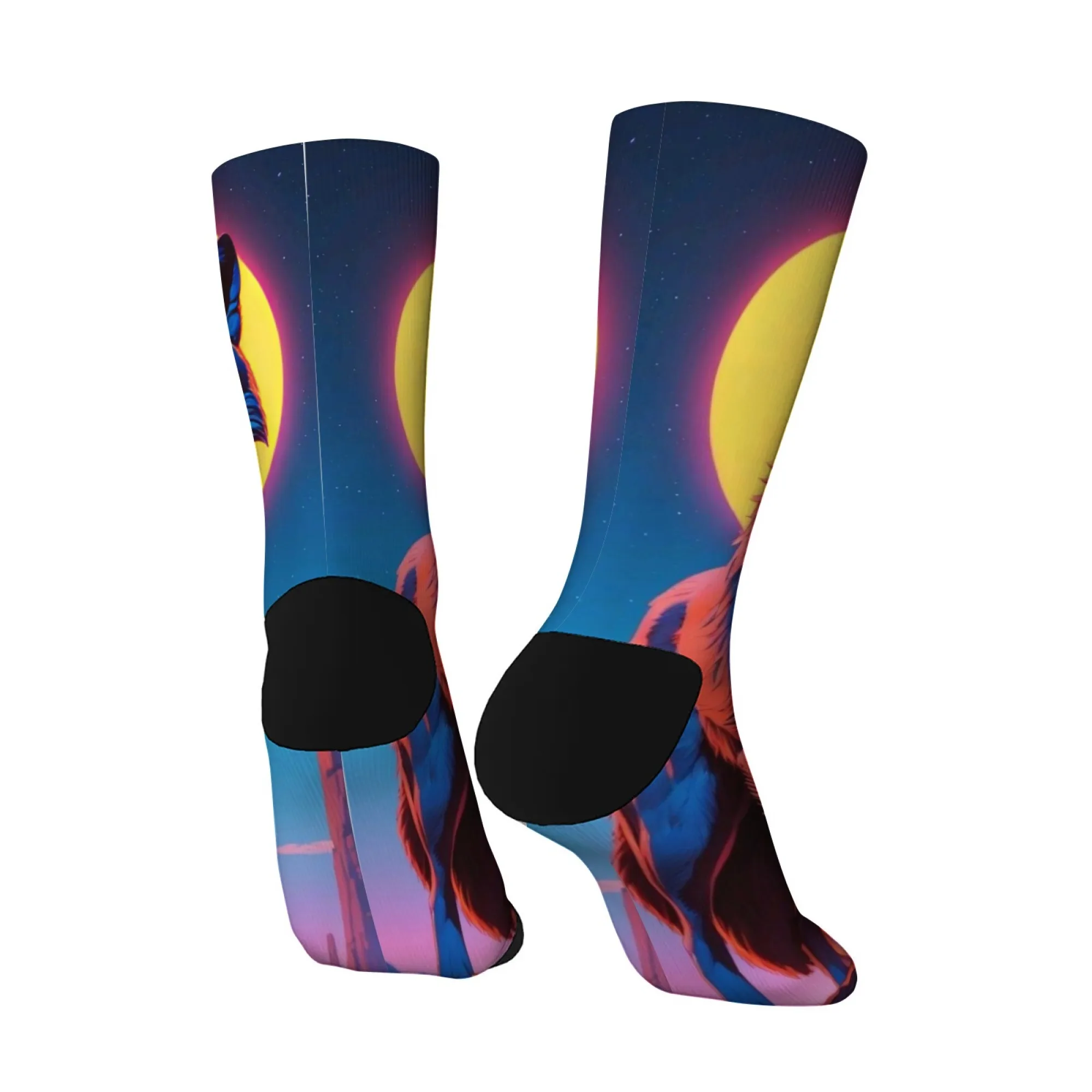 Neuartige lebendige blaue Wolf-Druck-Herrensocken, Harajuku, Retro-Farbverlauf, Sonnenuntergang, Crew-Socken, bequem, atmungsaktiv, rutschfeste Socken, Geschenk