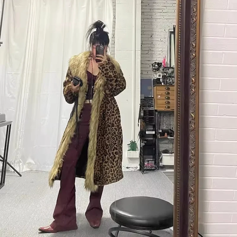 Leopard Long Faux Fur Coat for Women Warm Thick Autumn Winter Jacket Large Size Overcoat with Turn down Collar Maxi Outerwear