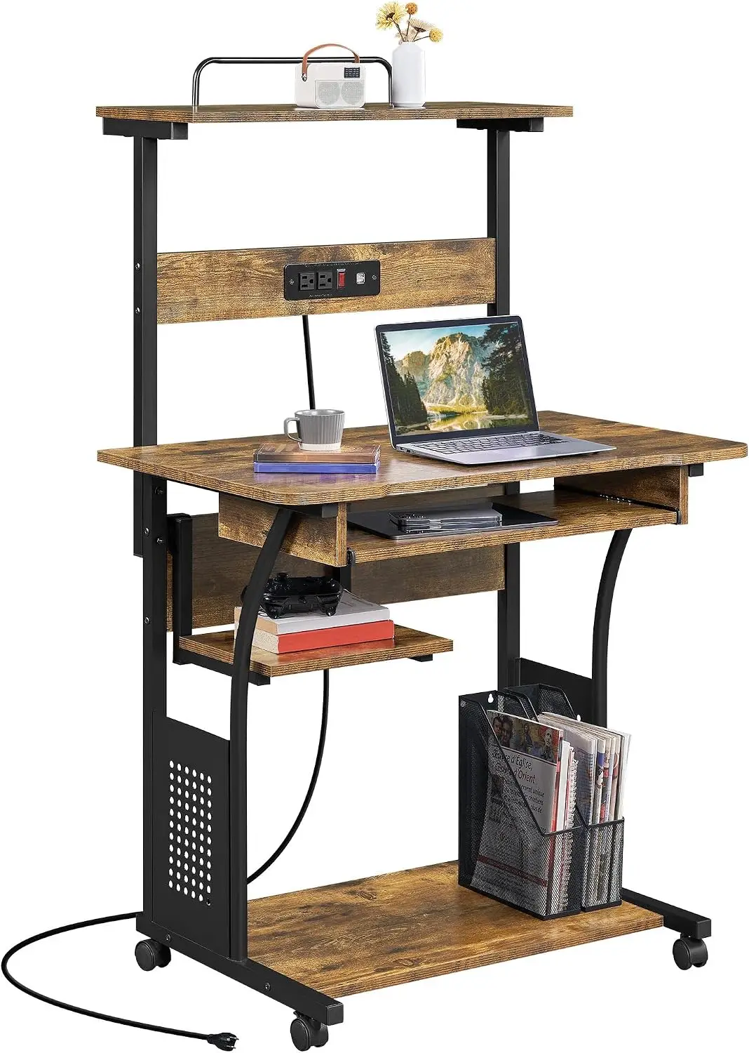 Small 3-Tier Rolling Computer Desk, Power Outlet, Rustic Brown | Engineered wood tiers and metal frame suit small spaces, holding a monitor, printer, and keyboard tray by a built-in outlet.
