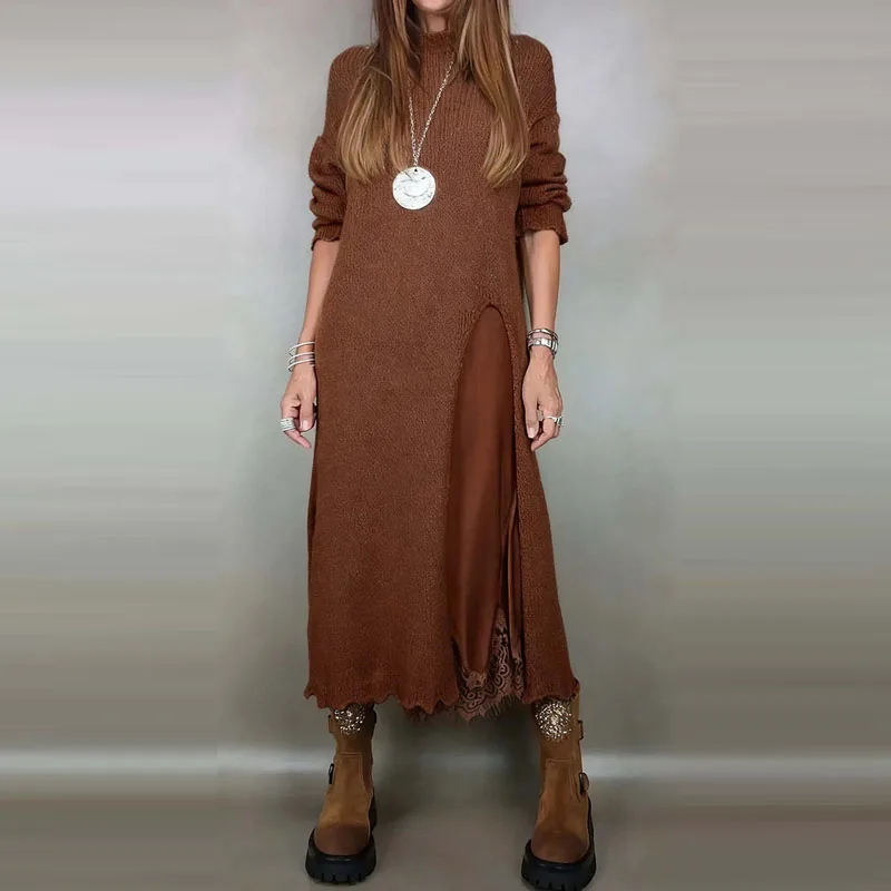 Conjunto de 2 piezas de falda y suéter con empalme de encaje para mujer, falda larga elegante con cuello en V y manga larga tejida, informal, liso