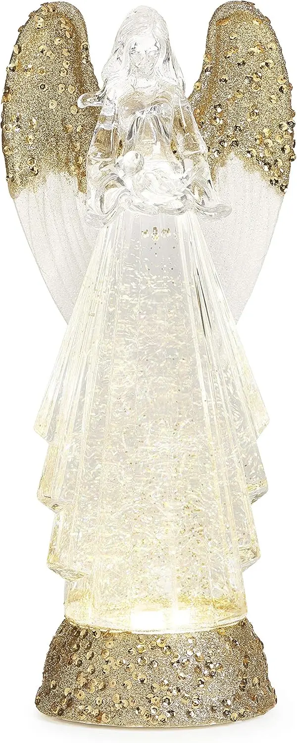 12.75-Inch LED Angel Christmas Decoration with Gold Wings and Swirling Confetti Lights, USB-Powered Tabletop Holiday Accent