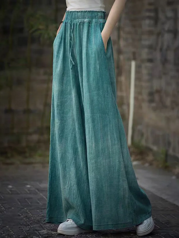 

Retro Artistic Large Size Cotton Linen Wide Leg Pants Spring Summer Small Size Loose Versatile Casual Drape Straight Floor-Le...