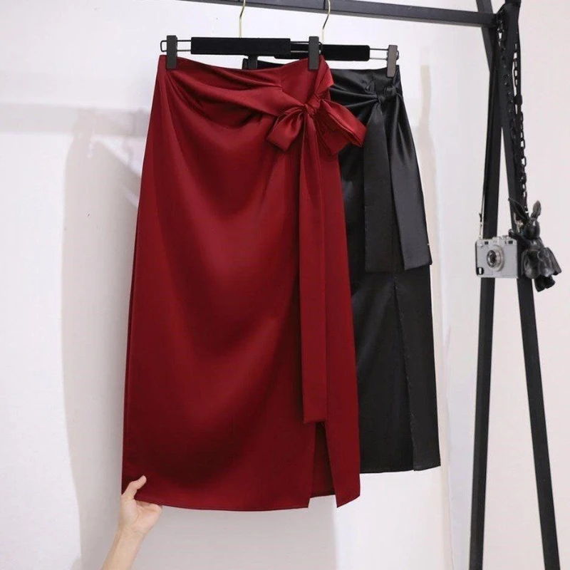 Skirts Women Mid-length Side-slit Hip-covering Solid High Waist Bow Minimalist Style All-match Korean Fashion Spring Summer Ins