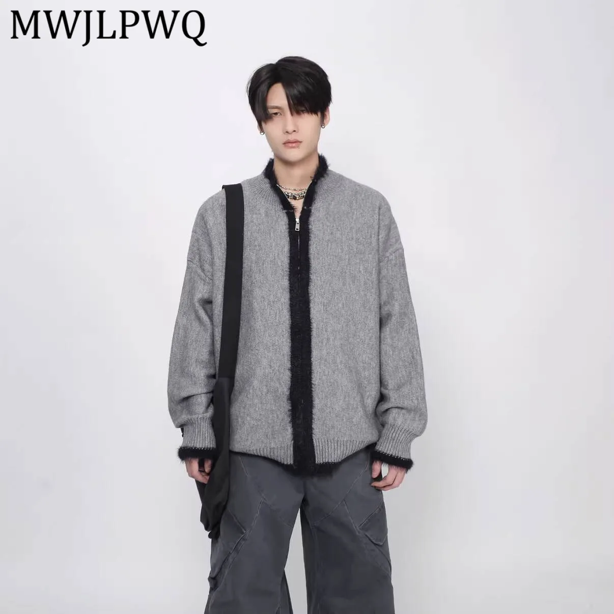 

MWJLPWQ Осенне-зимний вязаный свитер в американском стиле с цветовыми блоками для мужчин, повседневный свободный кардиган на молнии, топы 13559