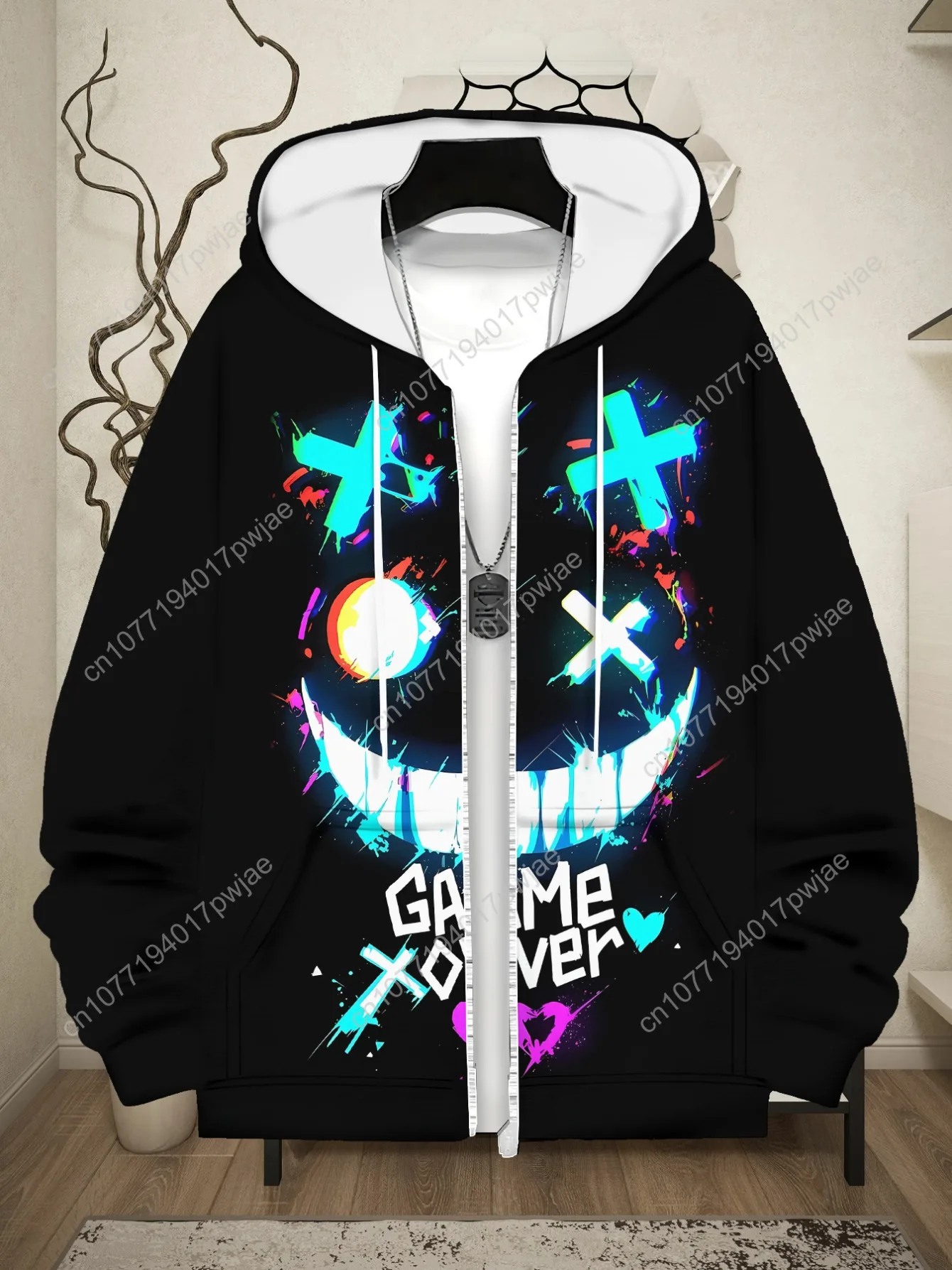 [Hoodie gráfico preto macio] Moletom masculino com zíper preto macio e durável com gráfico Vibrante Game Xover |   Ajuste confortável, Desi elegante
