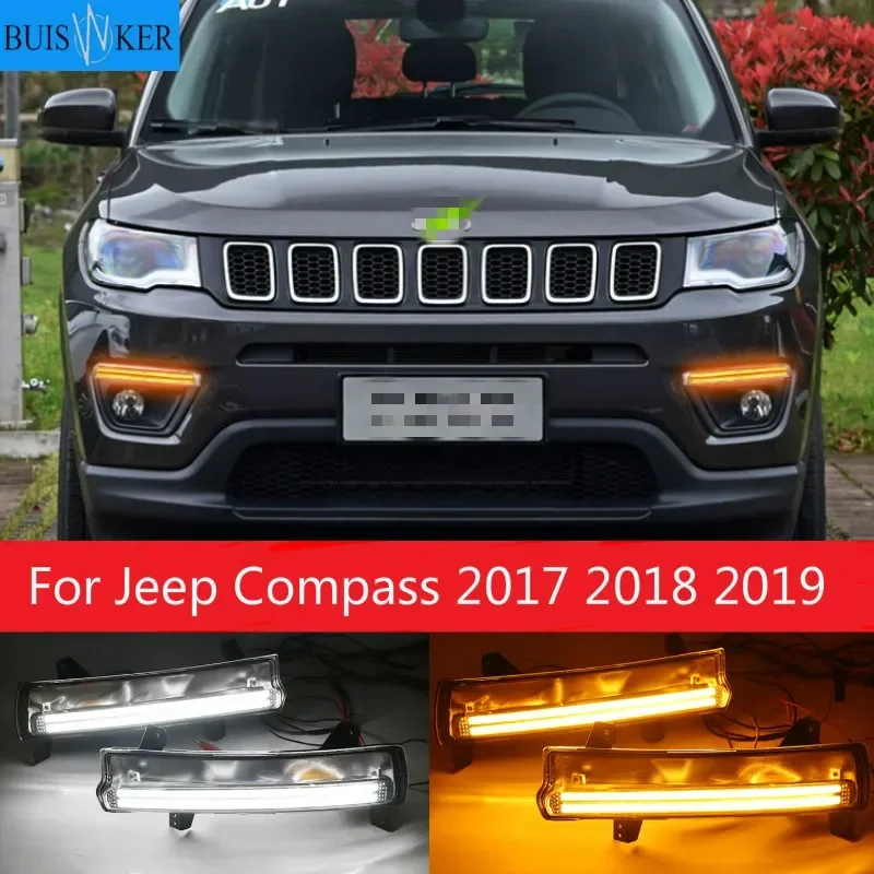 

2PCS Daytime running light For Jeep Compass 2017 2018 2019 dynamic yellow turn Signal Light style Relay 12V LED car DRL fog lamp