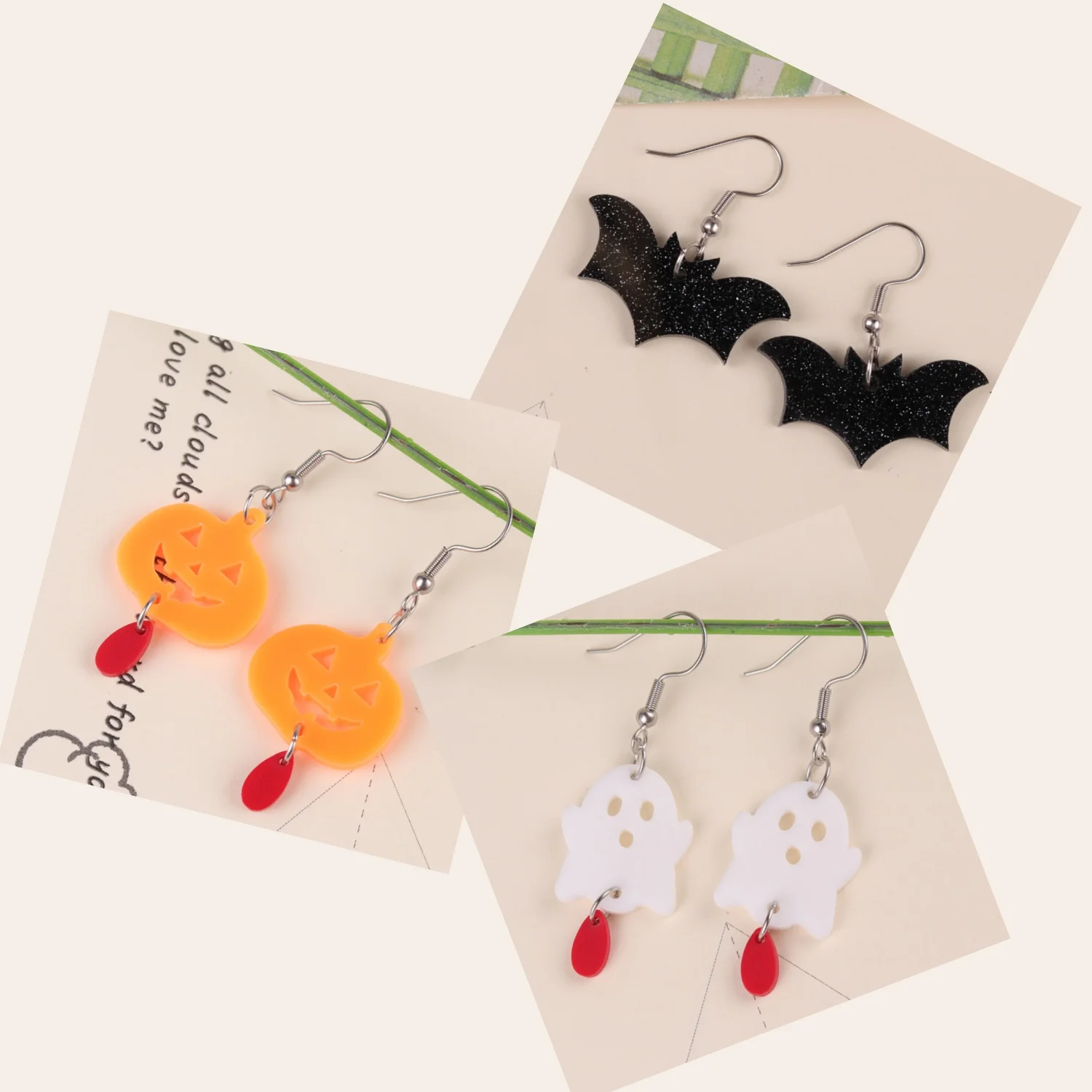 Interesting Orange Pumpkin Cute White Ghost Black Bat Dangle Earrings Sweet And Lovely Girls Jewelry Accessories For Women