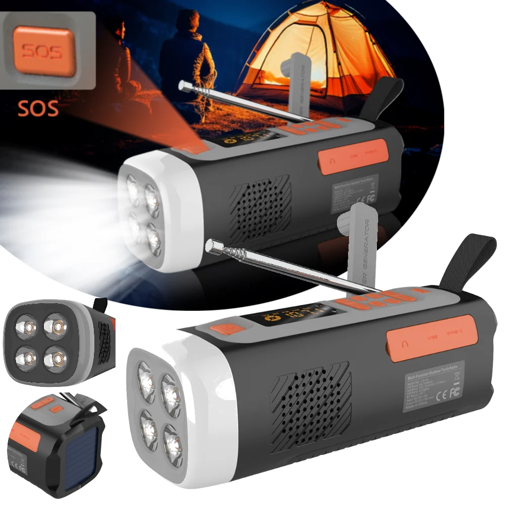 

4500mAh Emergency AM/FM/SW Radio Bluetooth-Compatible Speaker USB C/Solar/Hand Crank Charging 3 Ways Powered for Outdoor Camping