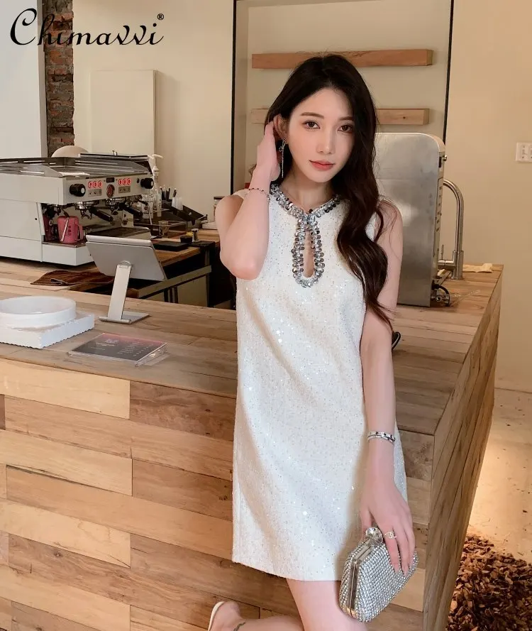 

Spring Summer New French Fashion Crew Neck Sequin Hollow Sleeveless Dress High-end Ladies Loose Elegant Party Short Dresses
