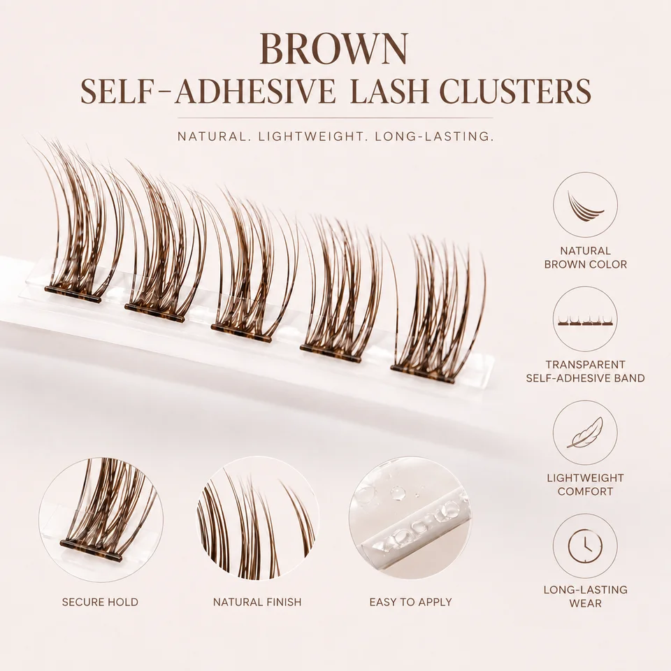 Rizos de pestañas autoadhesivos color marrón, sin necesidad de pegamento, 60 piezas, extensiones de pestañas autoadhesivas con curva C natural, 4