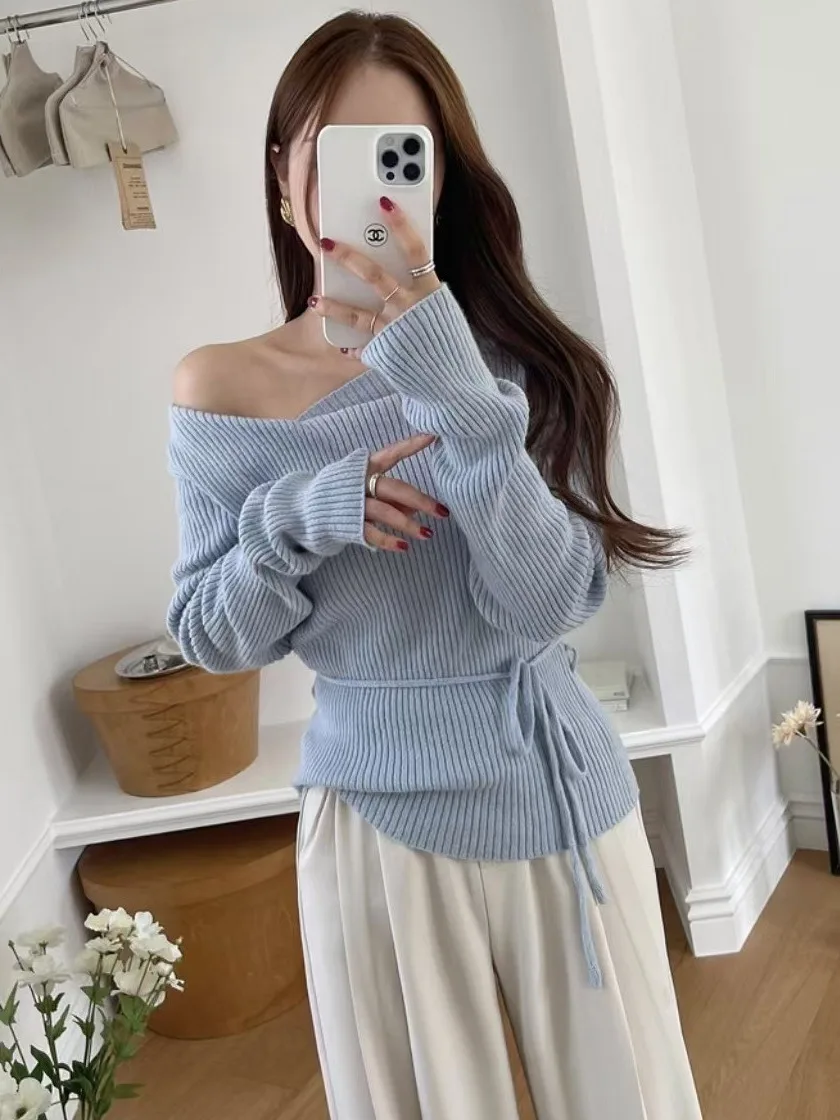 Suéter de Punto de Manga Larga con Cuello en V de Diseño Otoñal para Mujer, Top E y Deado con Hombros Descubiertos, ...