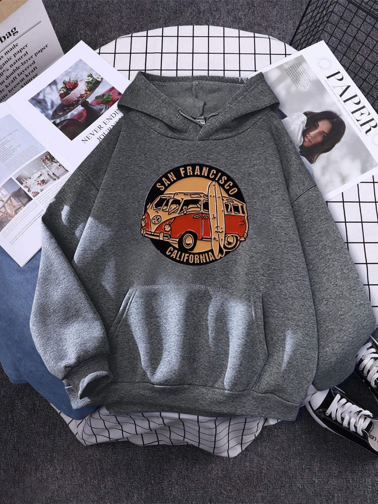 San Francisco California Vintage School Bus Women Hooded Fashion Casual Streetwear Aesthetic Warm Pullover Trend Hooded Clothes