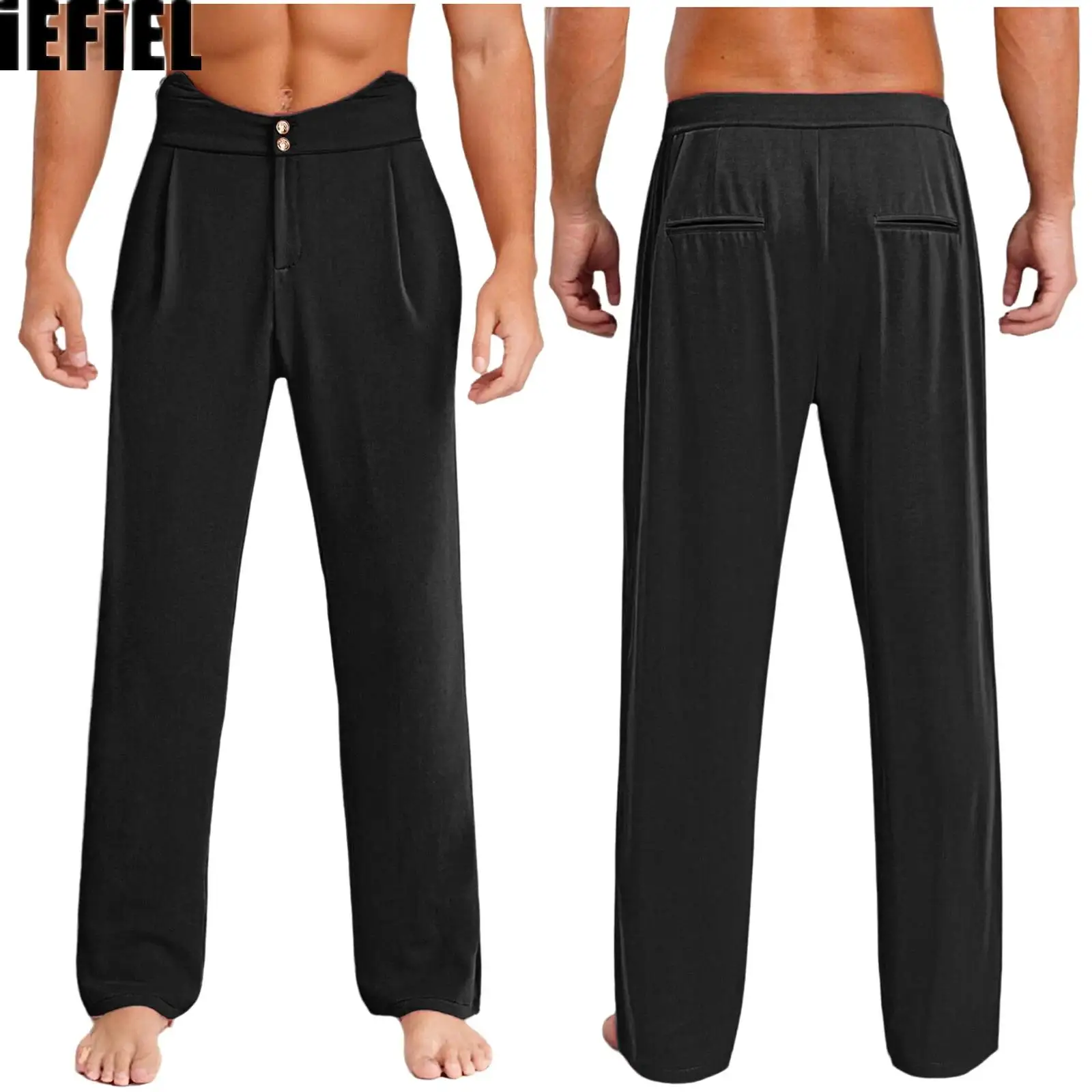 

Mens Latin Ballet Long Pants Back Elastic Band Side Pockets Loose Straight Trousers Dancewear for Rumba Tango Modern Dance