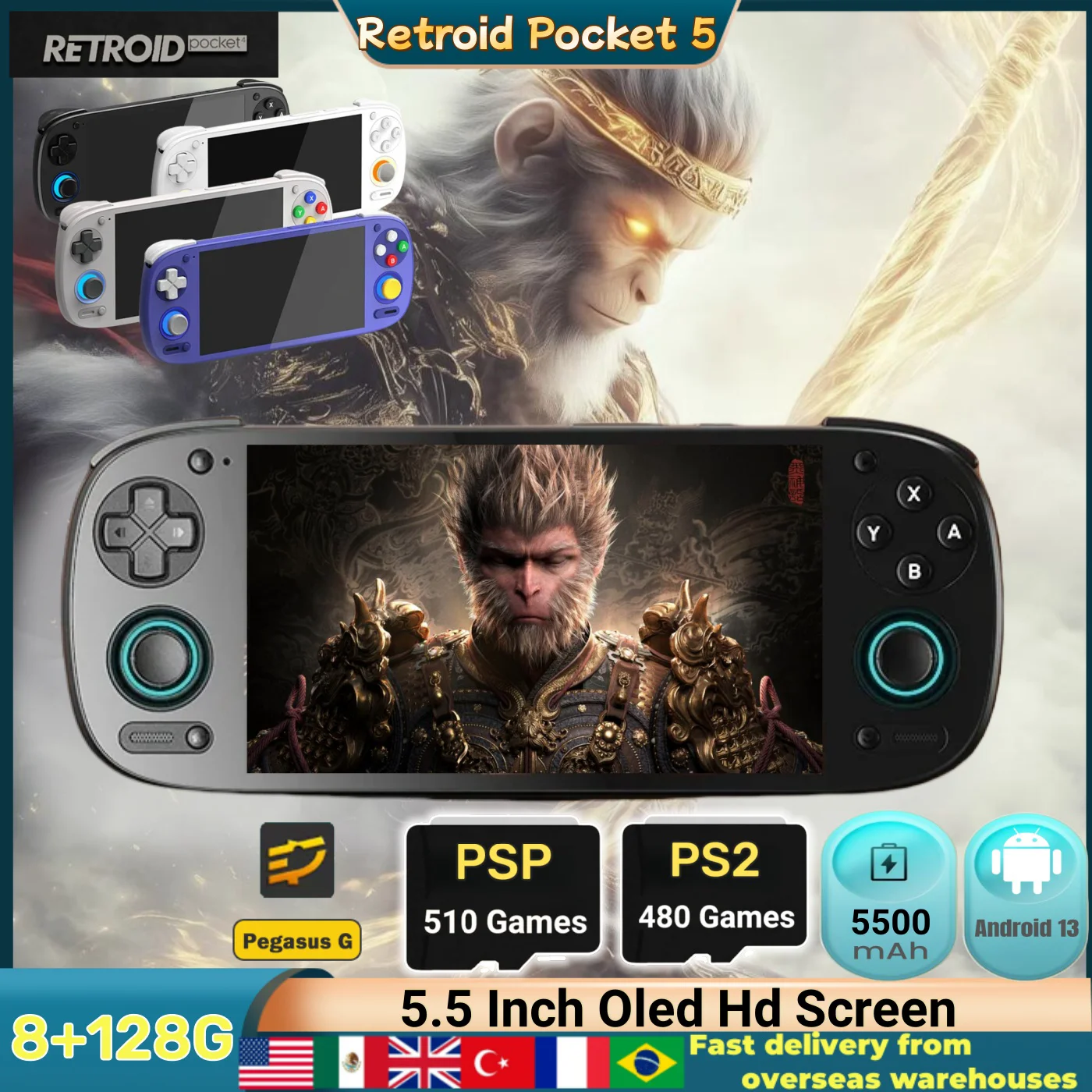 Retroid Pocket 5 Retro Handheld Game Console Video Player 5.5 Inch OLED Touch Screen Android13 Wifi Bluetooth RP5 PSP PS2 Gift