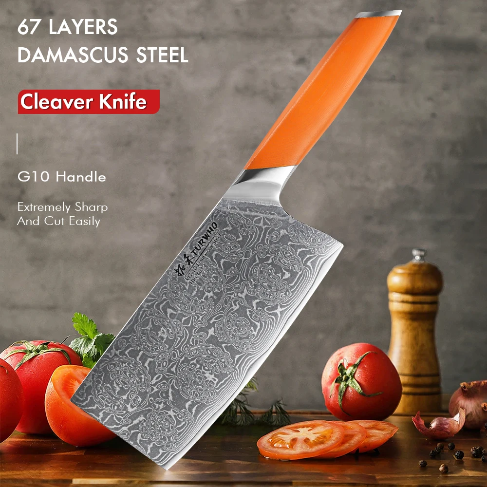 TURWHO 7” Damascus Steel Cleaver Knife VG10 Meat Cutting Slicing Knife Kitchen Chef Special Sharp Vegetable Knife G10 Handle