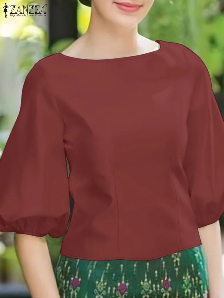 بلوزة عمل أنيقة بأكمام واسعة من ZANZEA قميص صيفي سادة برقبة دائرية قميص نسائي أنيق غير رسمي للعطلات قميص نسائي 2025