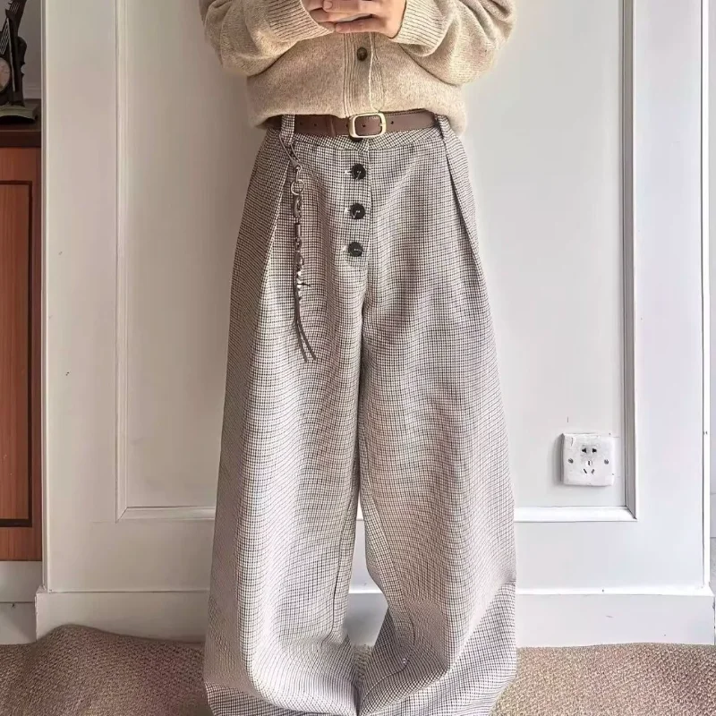 Old Money Style Houndstooth Buttoned A-line Trousers Men Autumn American High Street Trousers Lazy Loose Wide-leg Pants
