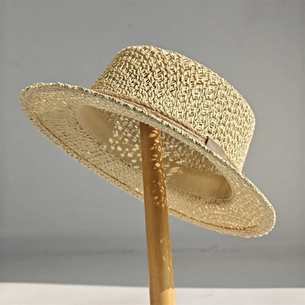 Openwork Woven Flat Top Straw Hat Classic Sturdy Papyrus Sun Protection Beach Hat For Men Women Outdoor Travel