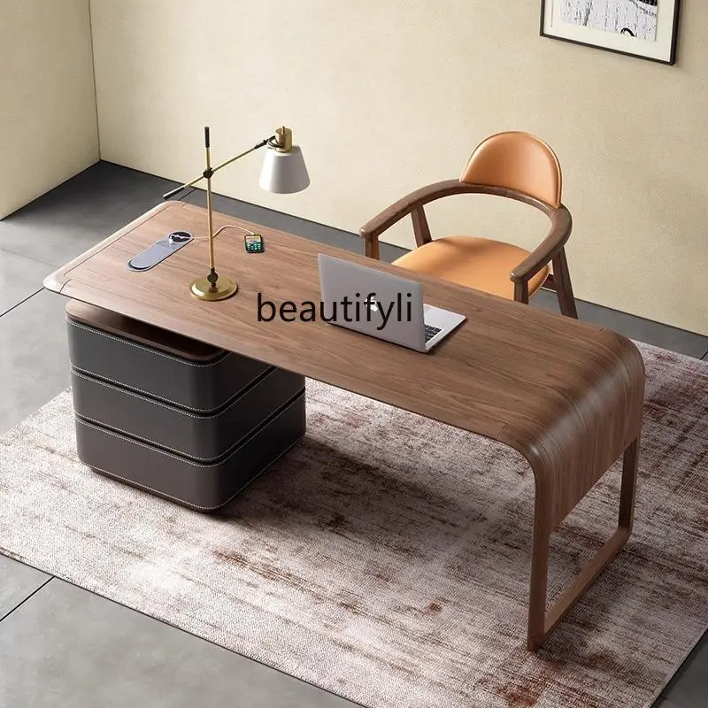 

Italian minimalist designer study desk premium walnut saddle leather writing desk