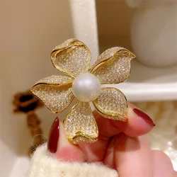 Brooches For Women Big Flower Created Pearl Cubic Zircon Exquisite Accessories Scarf Clasp Fine Jewelry Valentine's Day Gift For