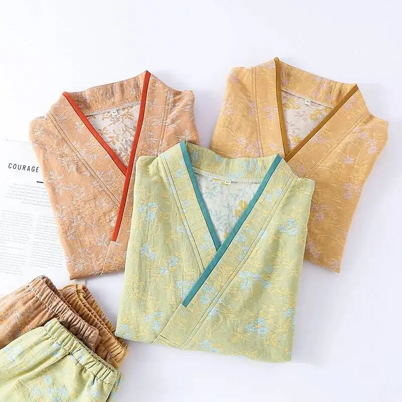 

National Style Cotton Multi Colors Pamas For Women's Spring And Autumn Thin Loose Lace-Up Loungewear Robes Set