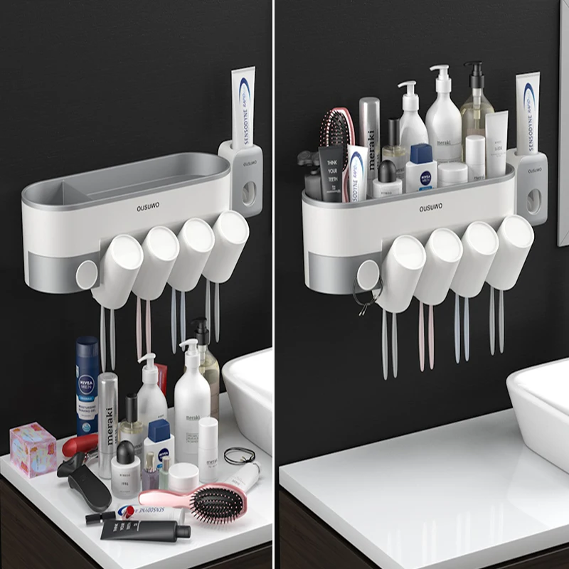 Bathroom Toothbrush Holder Organizer with Cup Toothpaste Squeezer Dispenser Wall Storage Rack Bathroom Accessories set