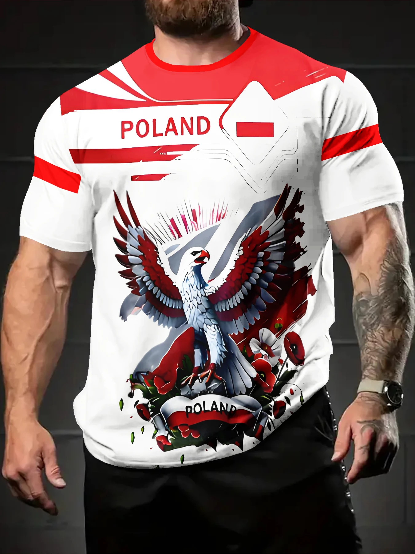 Contrast Red Collar Geometric Stripe Bird Floral Text Print Men Casual Short Sleeve Tee