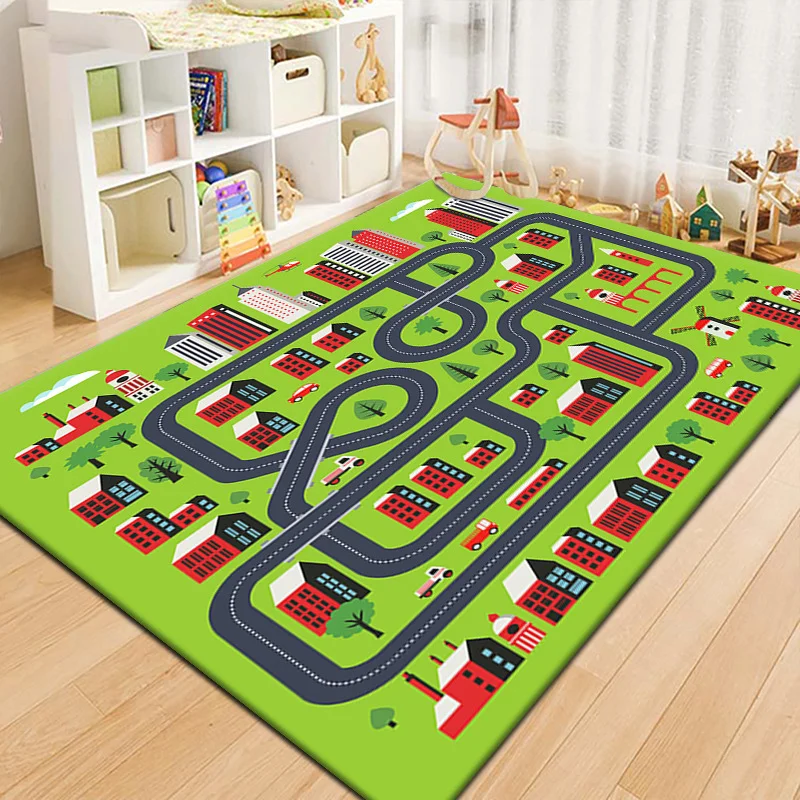 VIKAMA Track Traffic Game Area Carpet Cartoon Racing Road Map Floor Mat Anti Slip Water Absorbing Home Decoration