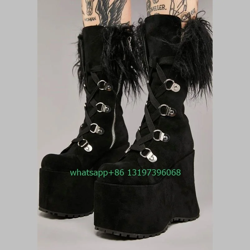 

Lady punk Gothic style suede black platform calf boots fur sexy party dress causal boots wedges heel boots size 35-46 footwear