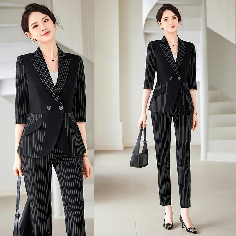 High-End Striped Suit Women2024Spring and Summer New Intellectual Temperament Goddess Style 3/4 Sleeve Suit Overalls