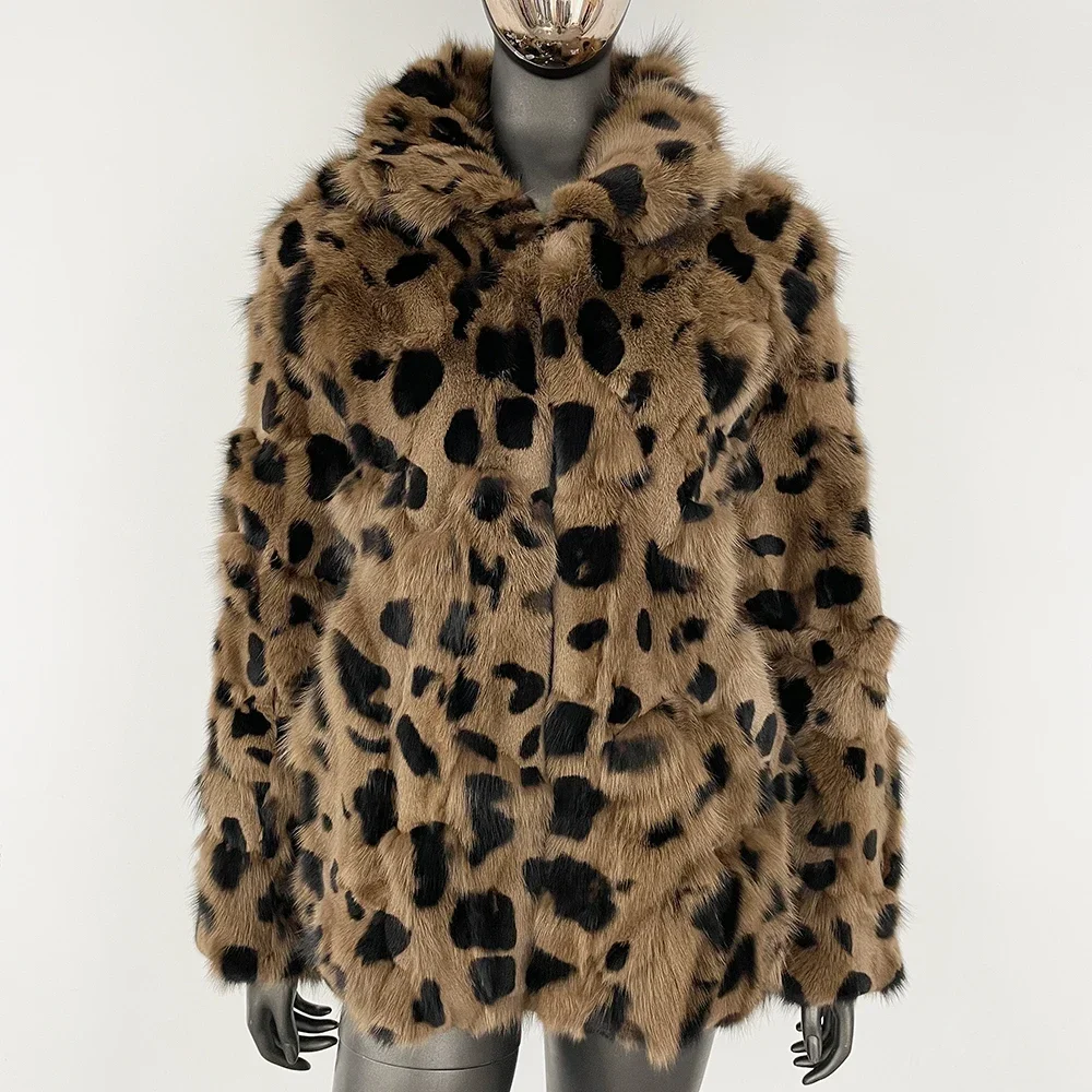 Women Luxurious One-piece Genuine Fur Leopard Print Coat Customized Natural Fox Fur Jacket Winter Real Fur Coat Autumn Fashion