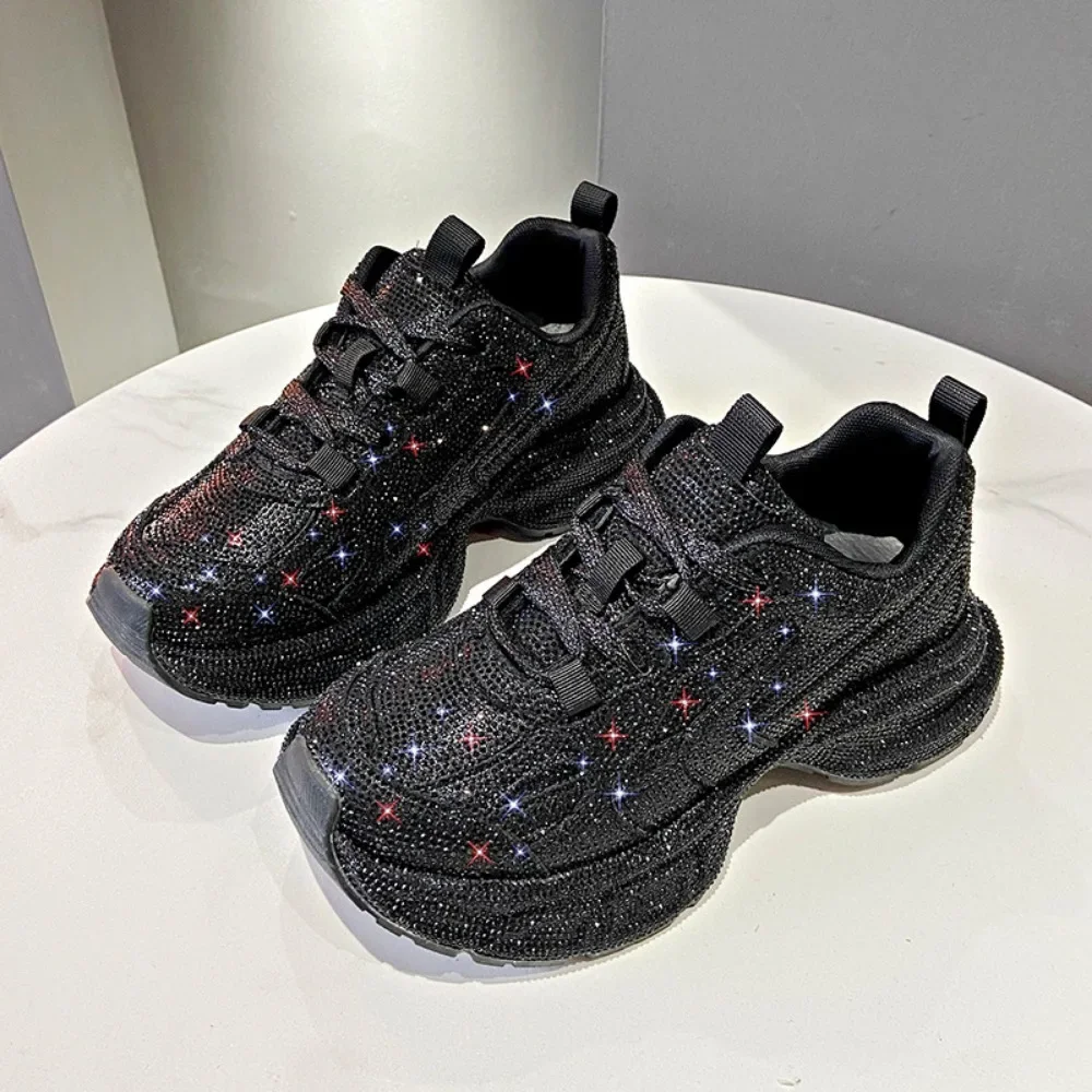 Full Star Rhinestone Thick Sole Daddy Shoes Women 2024 Rhinestone Fashion Casual Sports Shoes Soft Sole Ventilated Women\'s Shoes